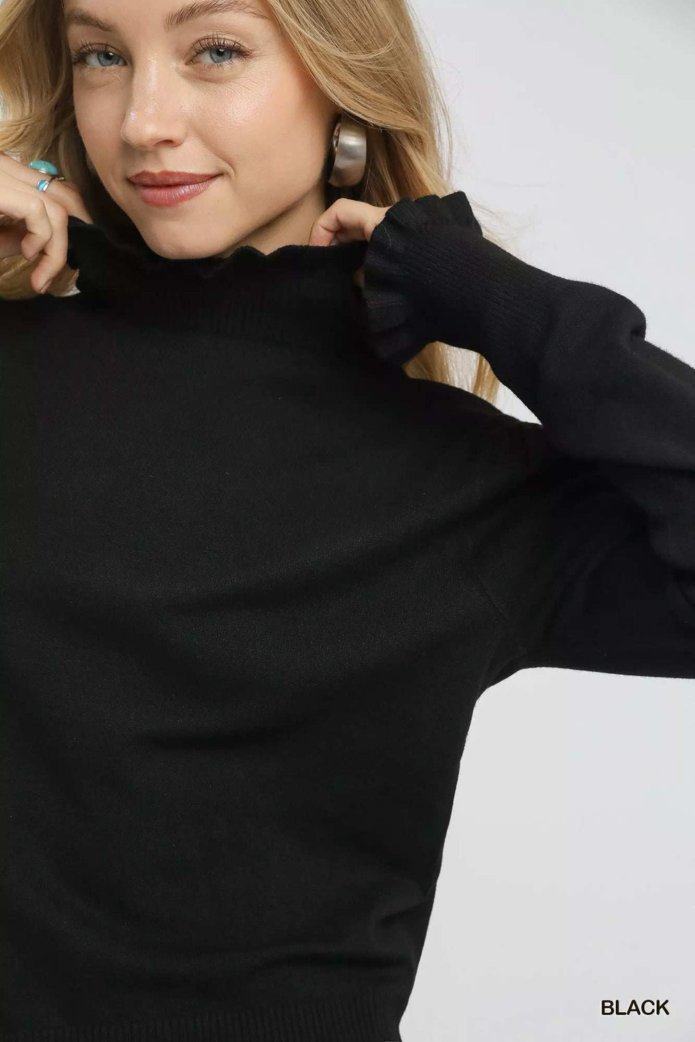 Umgee Ruffle Mock Neck Puff Sleeve Sweater - Trendsi - Flyclothing LLC