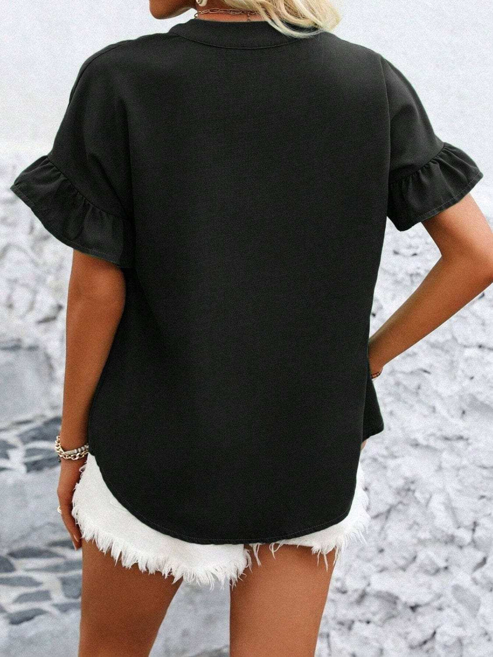 Button Down Ruffled Short Sleeve Shirt - Trendsi - Flyclothing LLC