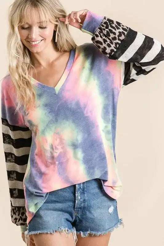 BiBi Tie Dye V Neck Top with Stripe Puff Sleeves - Trendsi - Flyclothing LLC