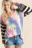 BiBi Tie Dye V Neck Top with Stripe Puff Sleeves - Trendsi - Flyclothing LLC