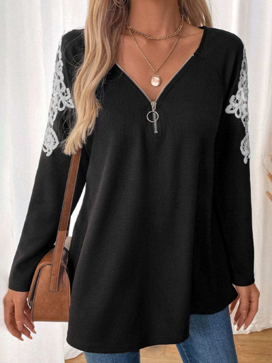 Perfee Lace Detail Quarter Zip Long Sleeve Top - Trendsi - Flyclothing LLC
