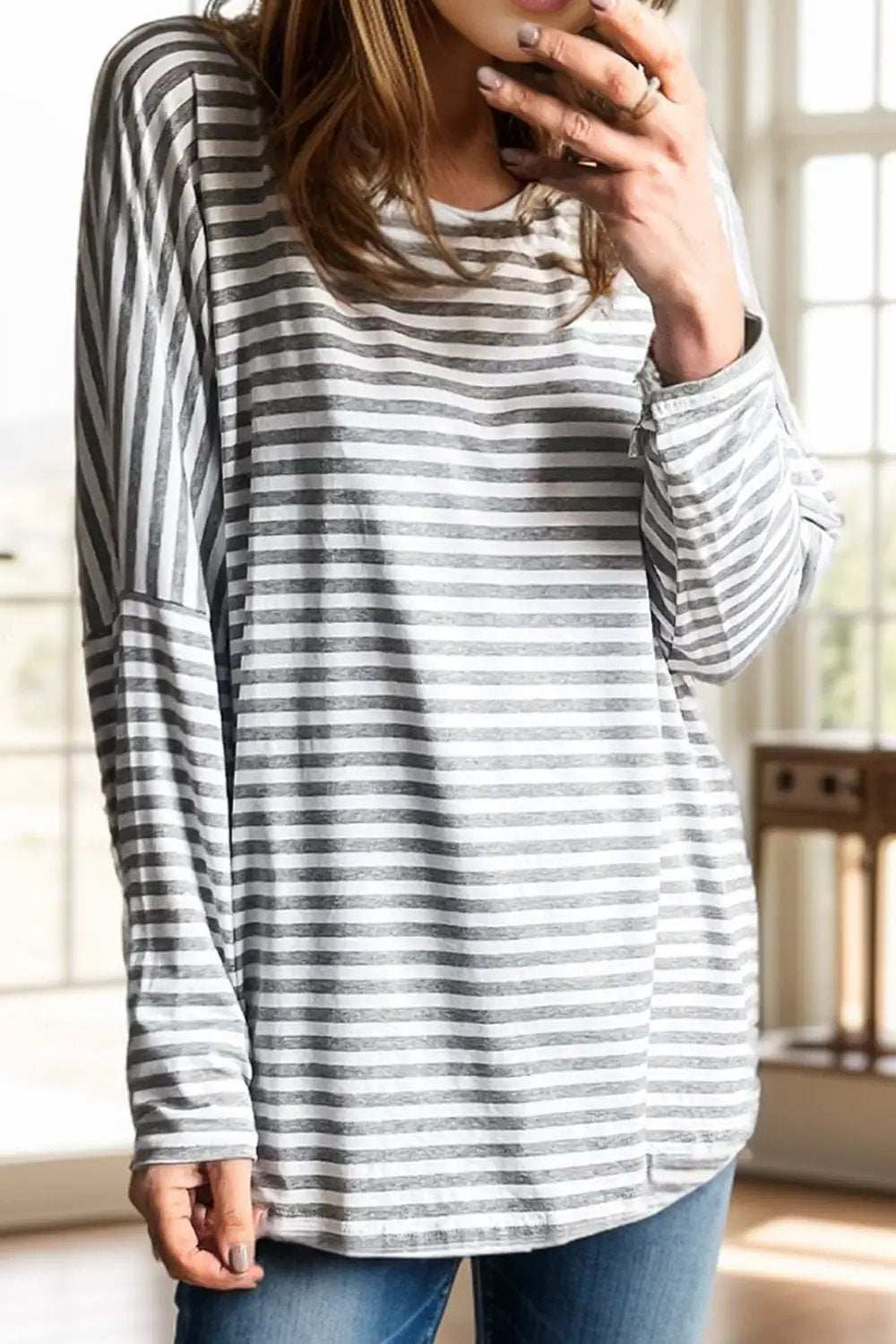 Striped Round Neck Long Sleeve Top - Trendsi - Flyclothing LLC