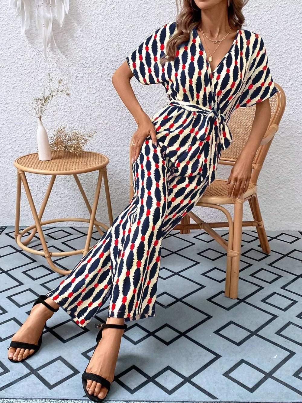 Printed Surplice Tie Waist Short Sleeve Jumpsuit - Trendsi - Flyclothing LLC