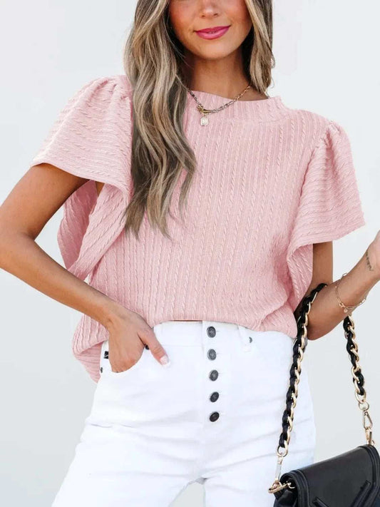 Round Neck Ruffle Sleeve Top - Trendsi - Flyclothing LLC