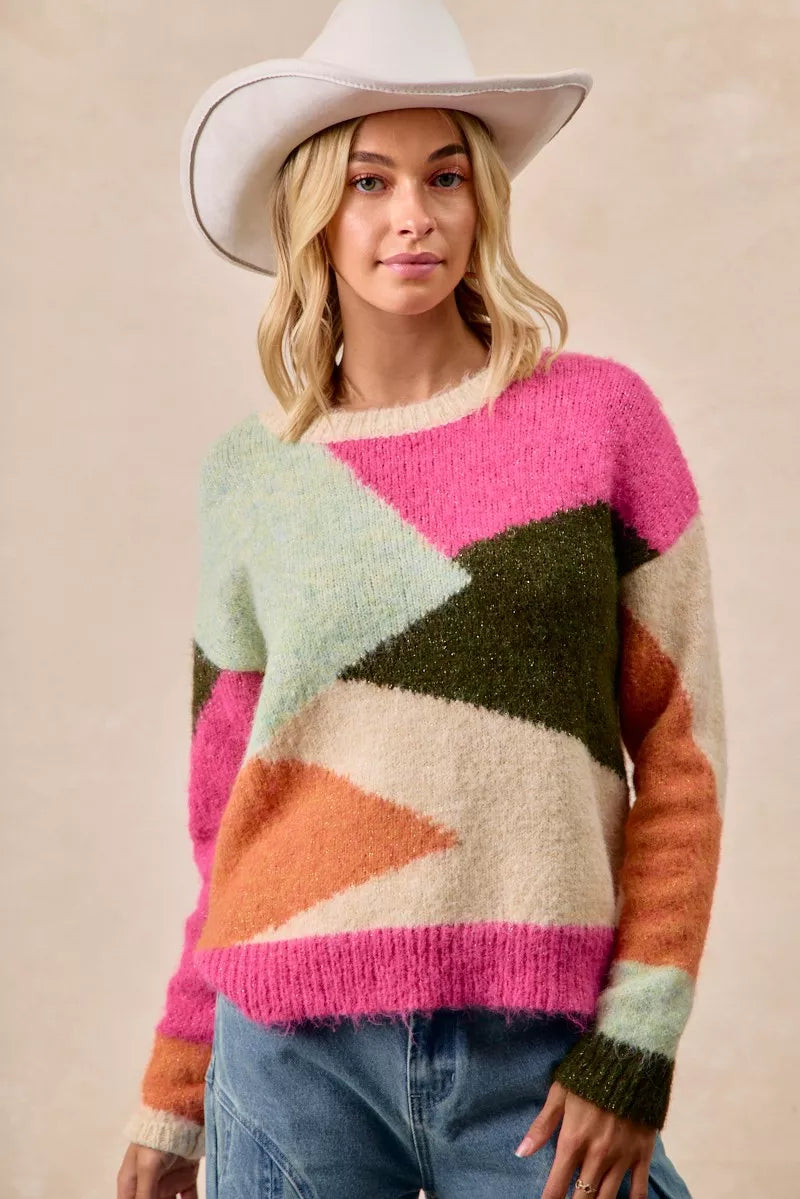 BiBi Multi Color Block Sweater Top - Trendsi - Flyclothing LLC