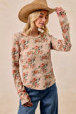BiBi Floral Print Washed Waffle Thermal Top with Thumb - Trendsi - Flyclothing LLC