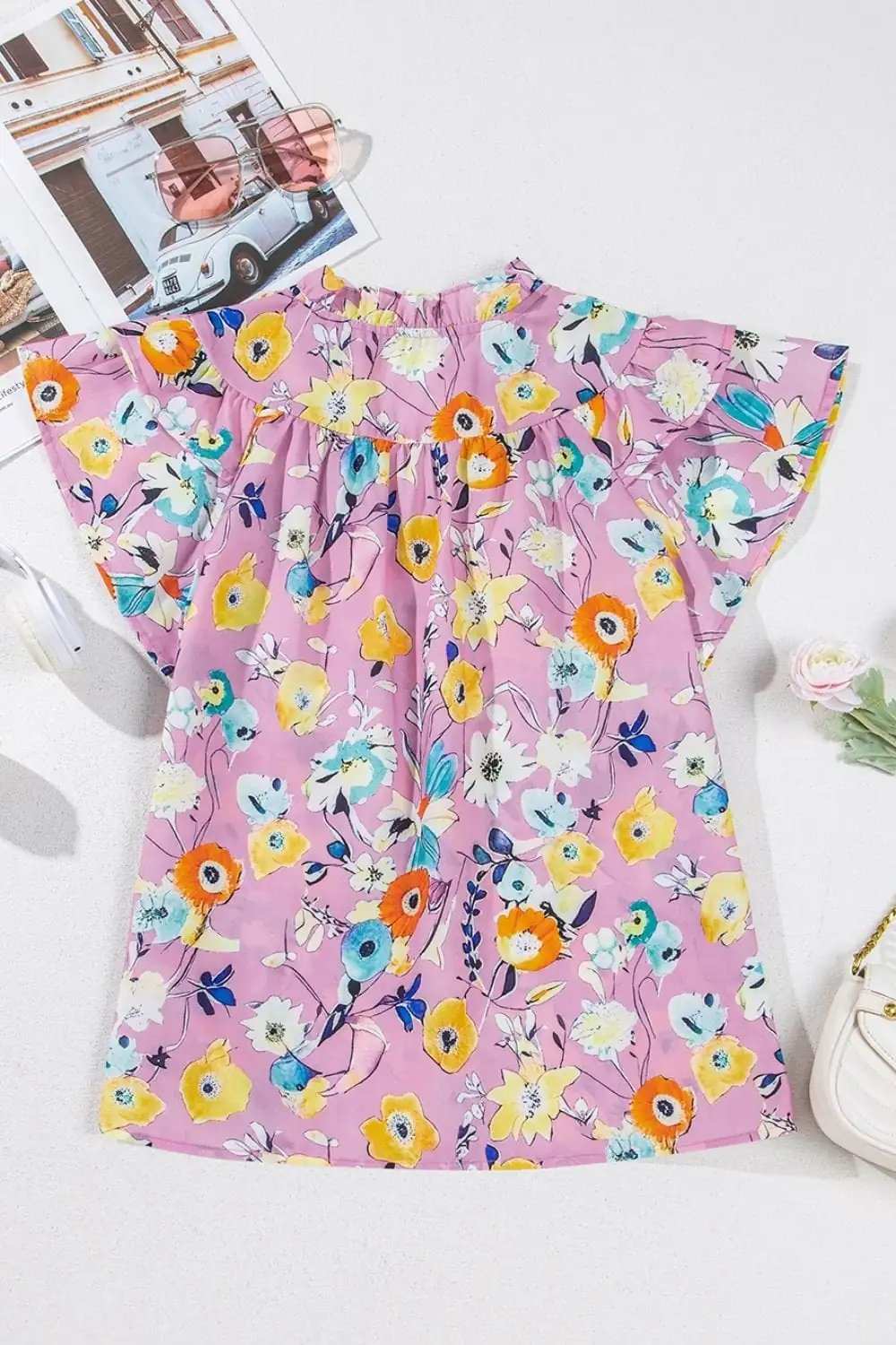 Printed Notched Double Layered Ruffle Sleeve Blouse - Trendsi - Flyclothing LLC