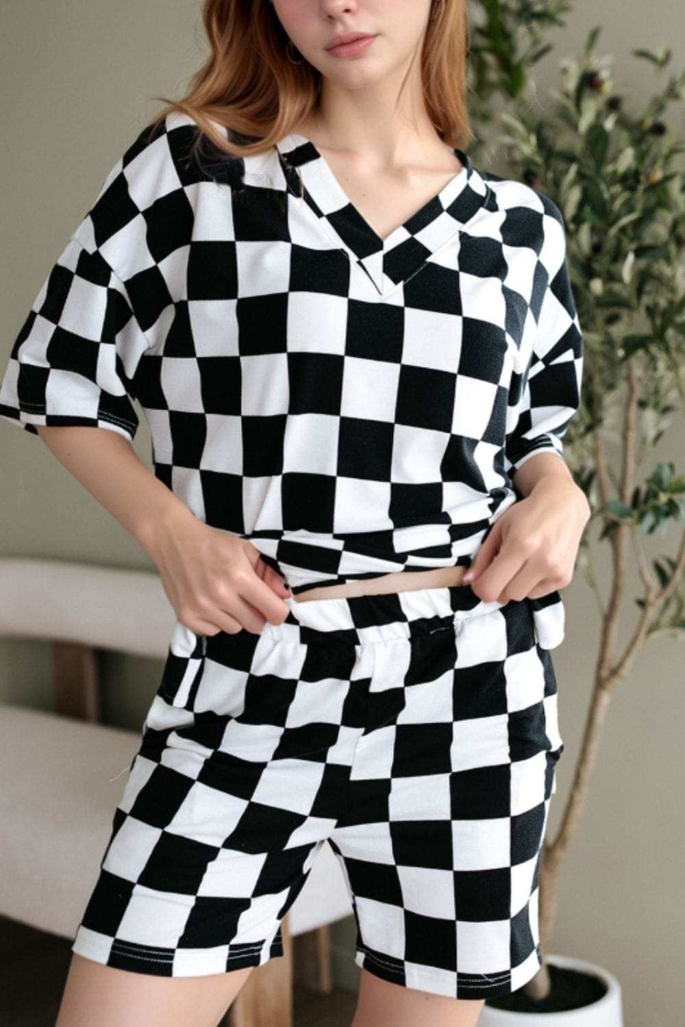 Checkerboard V Neck Loose Tee and Shorts Set - Trendsi - Flyclothing LLC