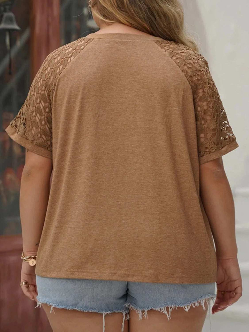 Plus Size Lace Round Neck Short Sleeve T-Shirt - Trendsi - Flyclothing LLC