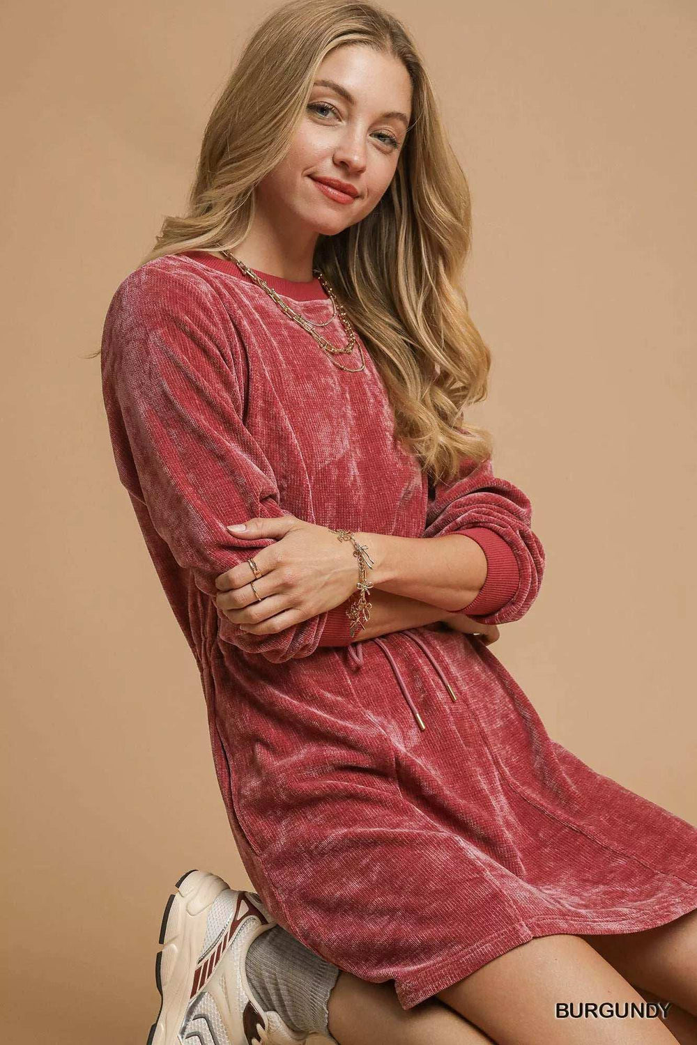 Umgee Velour Drawstring Mini Dress with Long Sleeves - Trendsi - Flyclothing LLC