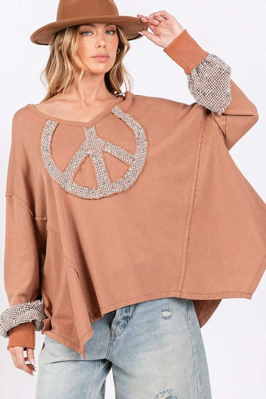 SAGE + FIG Peace Sign Mineral Wash Terry Top - Trendsi - Flyclothing LLC