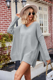 Slit V-Neck Dropped Shoulder Sweater - Trendsi - Flyclothing LLC