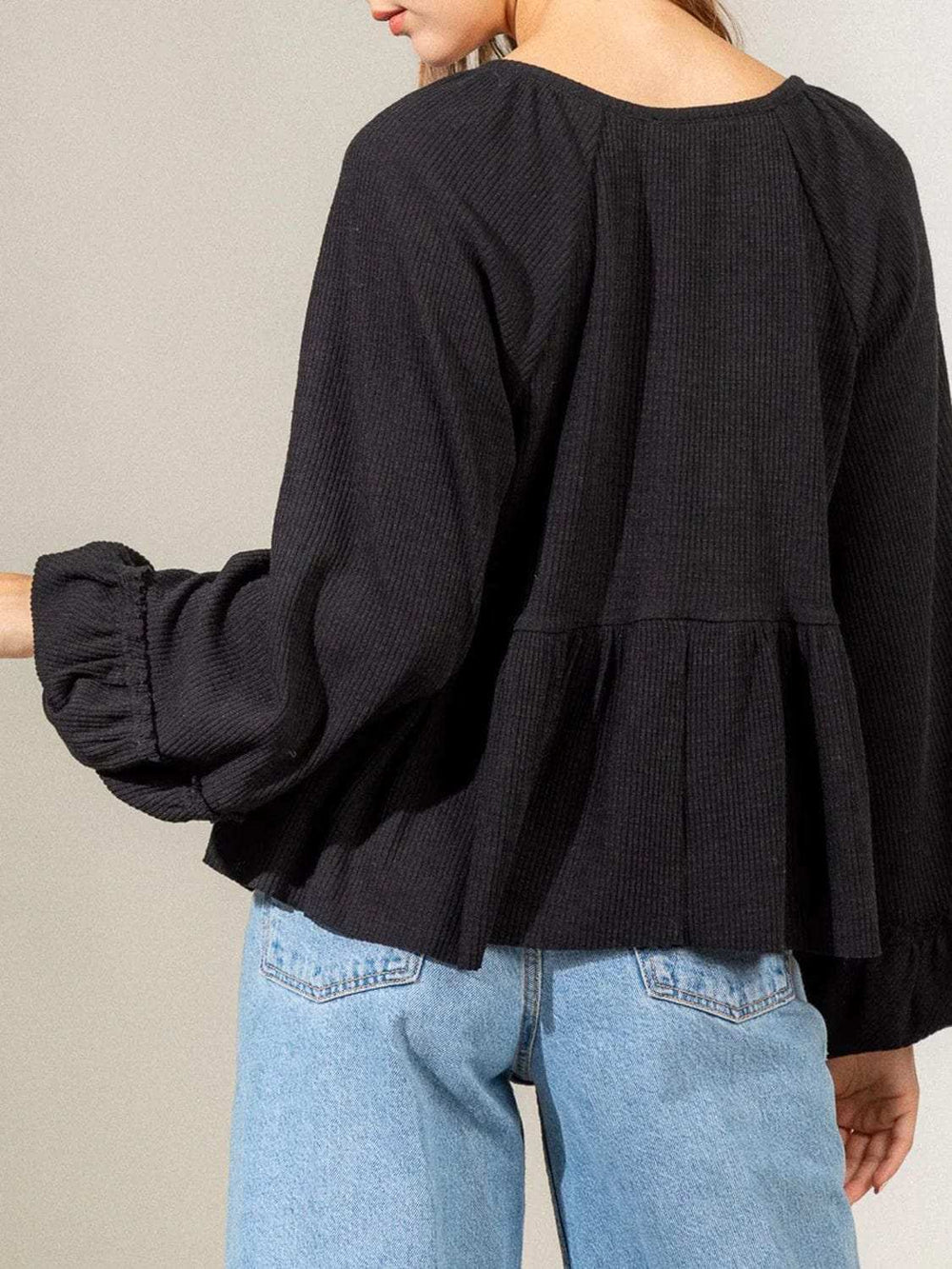 Notched Balloon Sleeve Peplum Blouse - Trendsi - Flyclothing LLC