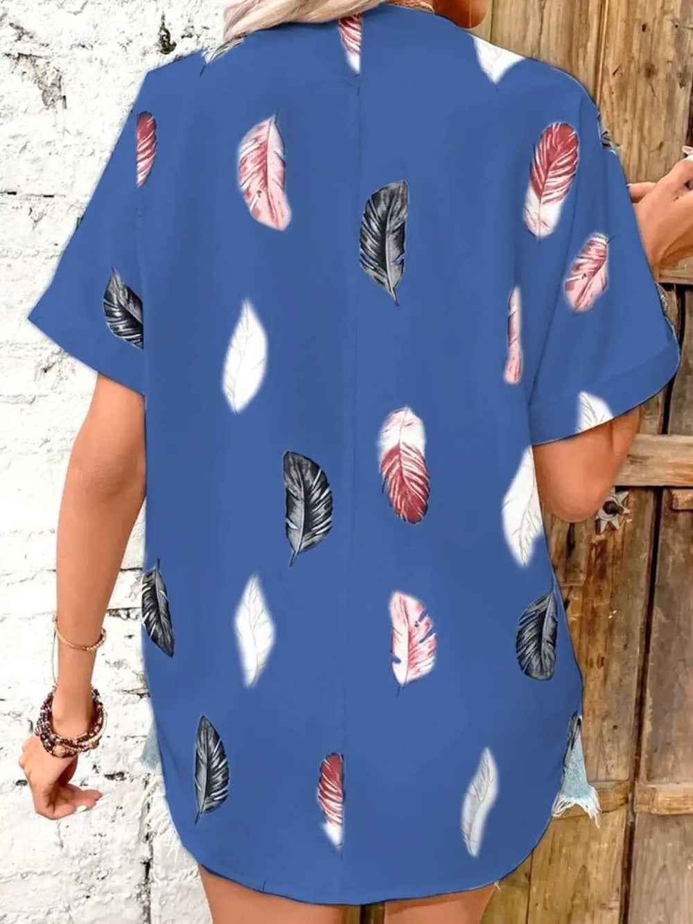 Full Size Printed Collared Neck Short Sleeve Blouse - Trendsi - Flyclothing LLC