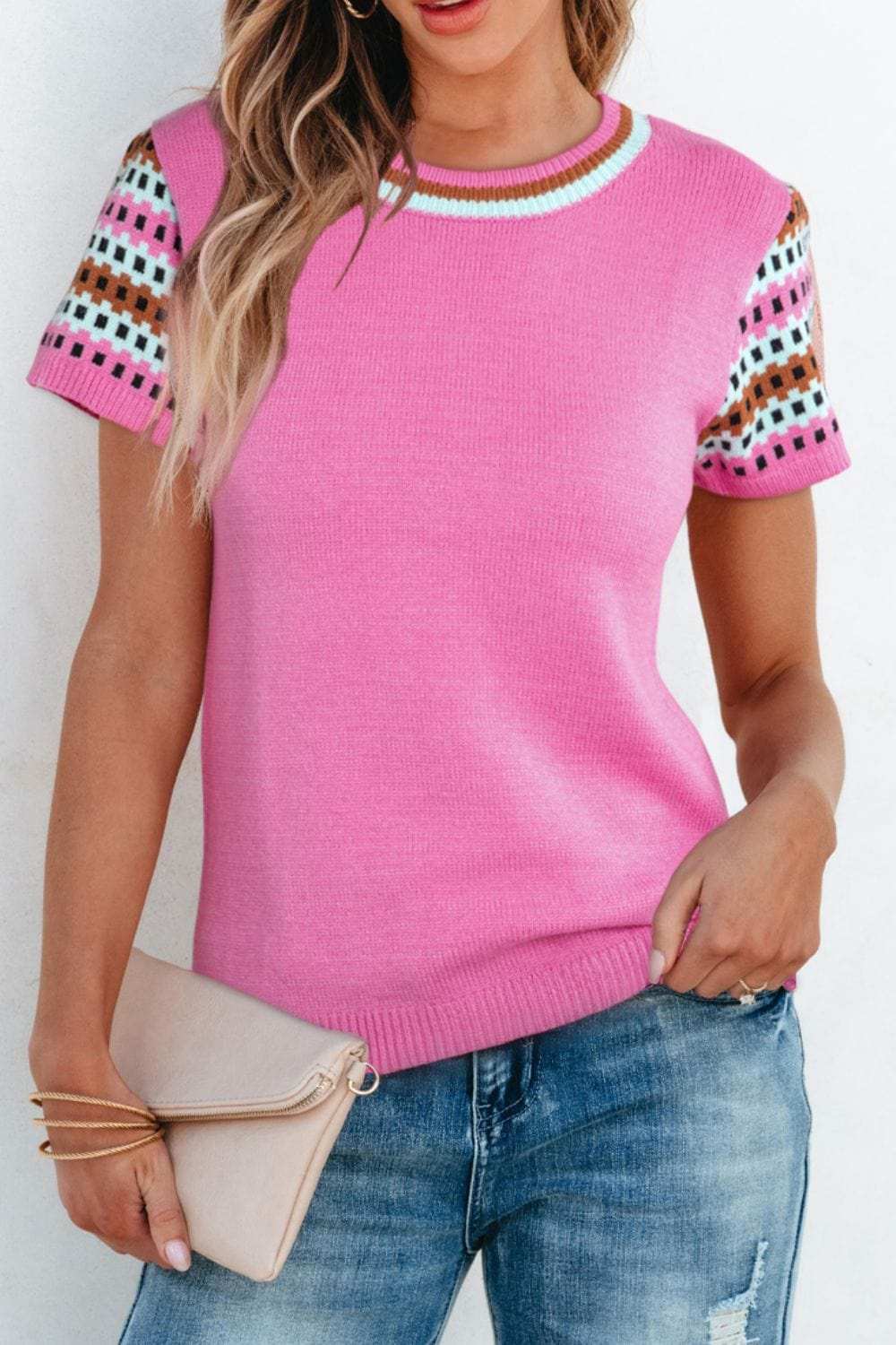Contrast Short Sleeves Round Neck Sweater - Trendsi - Flyclothing LLC