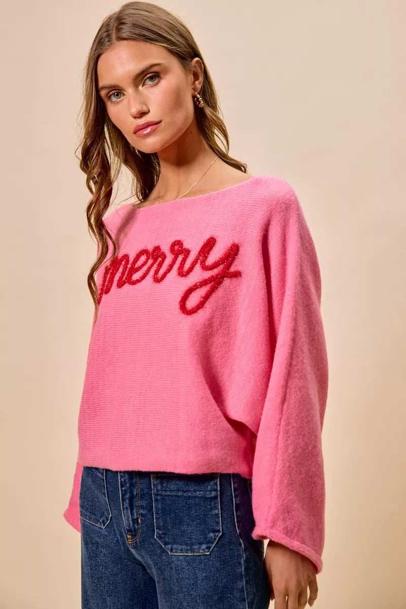 SO ME Merry Tinsel Lettering Christmas Sweater Top - Trendsi - Flyclothing LLC