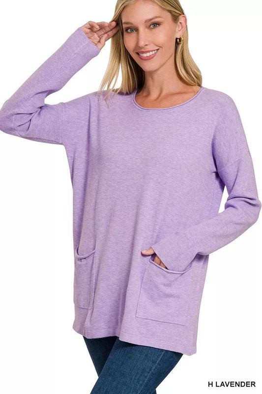 Zenana Viscose Long Sleeve Front Pockets Sweater - Trendsi - Flyclothing LLC