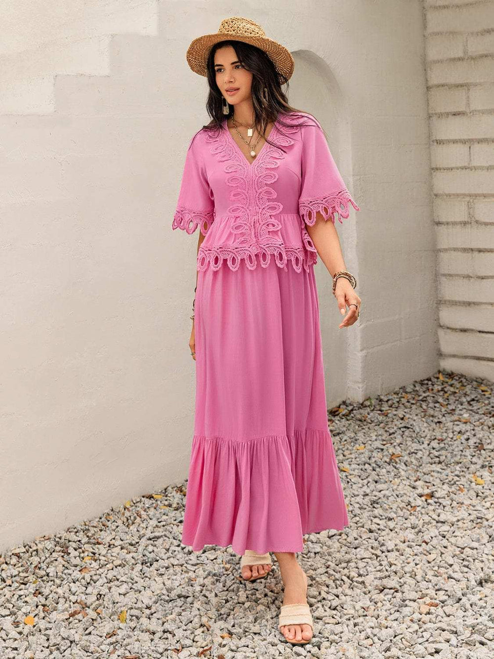 Lace Detail V-Neck Half Sleeve Midi Dress - Trendsi - Flyclothing LLC