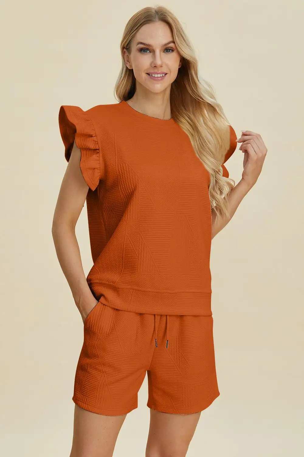 Double Take Full Size Texture Round Neck Ruffle Sleeve Top and Shorts Set - Trendsi - Flyclothing LLC