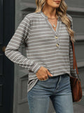 Striped Henley T-Shirt with Button Detail - Trendsi - Flyclothing LLC