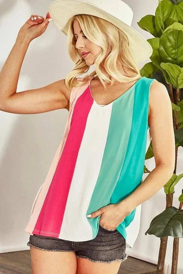 BiBi Cotton Span Knit Color Block Sleeveless Top - Trendsi - Flyclothing LLC