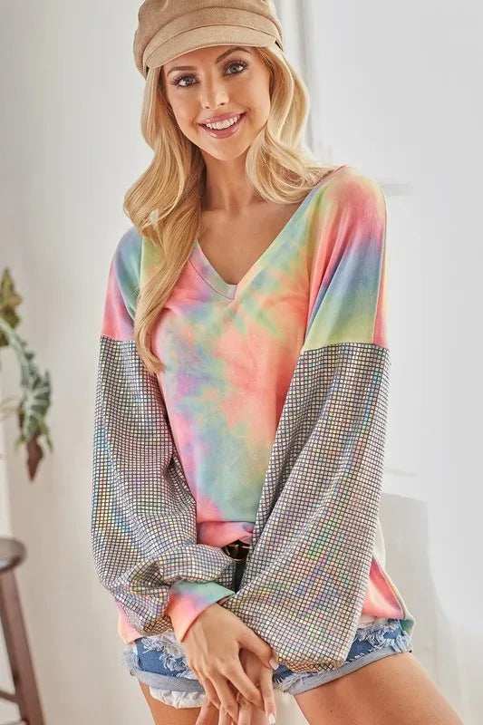 BiBi V Neck Tie Dye French Terry Top with Shiny - Trendsi - Flyclothing LLC