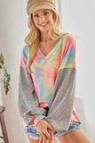 BiBi V Neck Tie Dye French Terry Top with Shiny - Trendsi - Flyclothing LLC