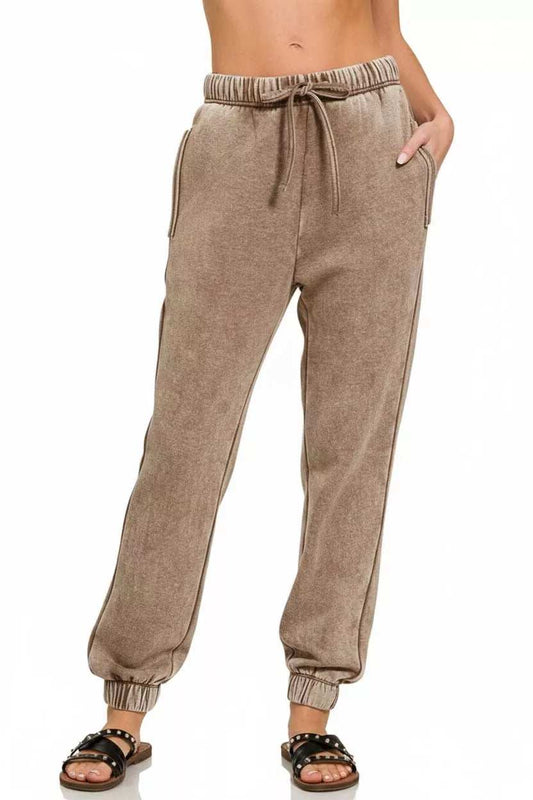Zenana Acid Wash Fleece Sweatpants with Pockets - Trendsi - Flyclothing LLC