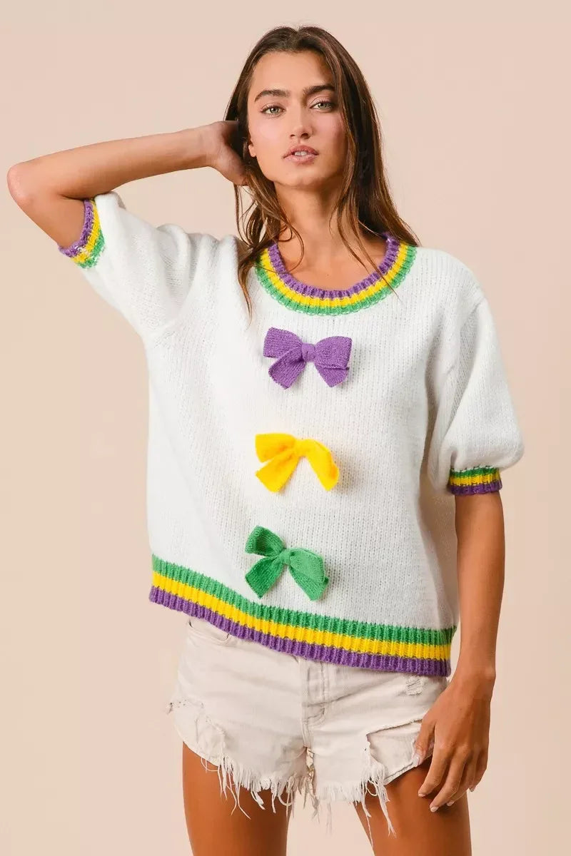 BiBi Short Puff Sleeve Ribbon Bow Mardi Gras Sweater - Trendsi - Flyclothing LLC