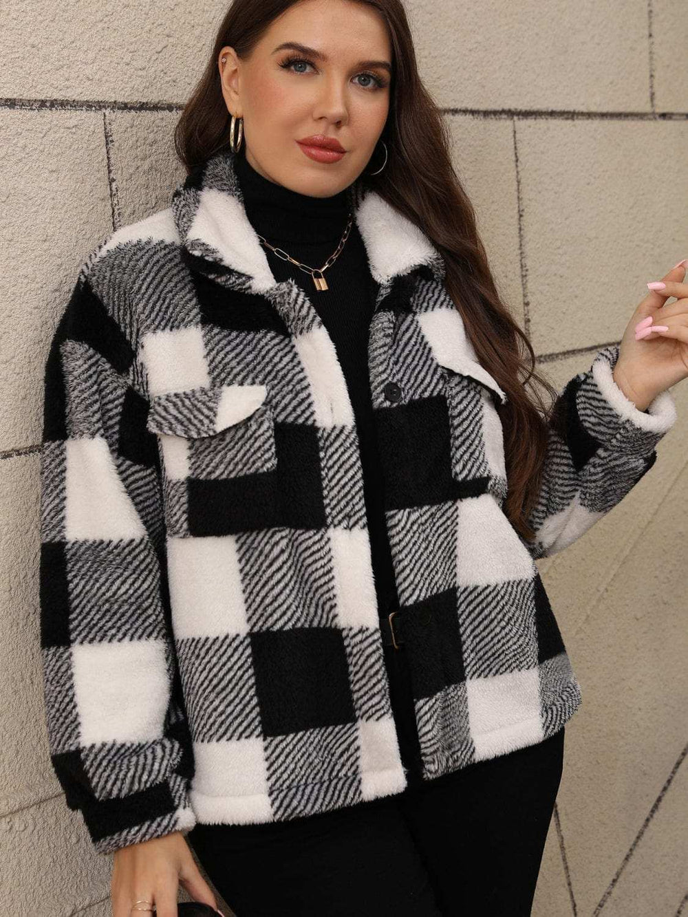 Plus Size Pocketed Plaid Collared Neck Jacket - Trendsi - Flyclothing LLC
