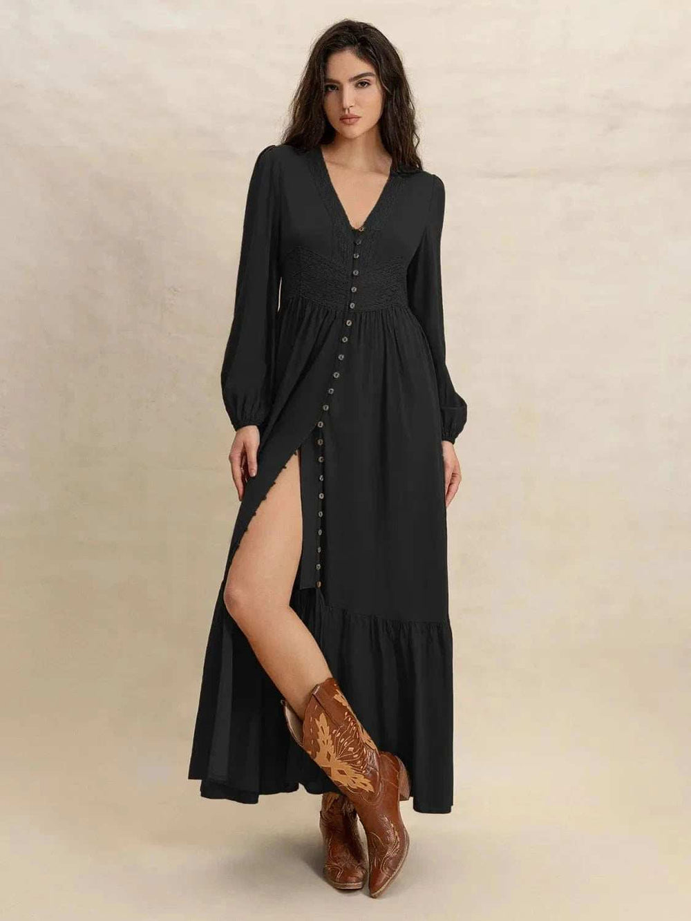 V-Neck Long Sleeve Dress - Trendsi - Flyclothing LLC