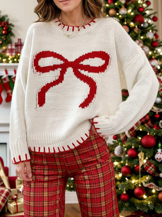 Bow Round Neck Long Sleeve Sweater - Trendsi - Flyclothing LLC