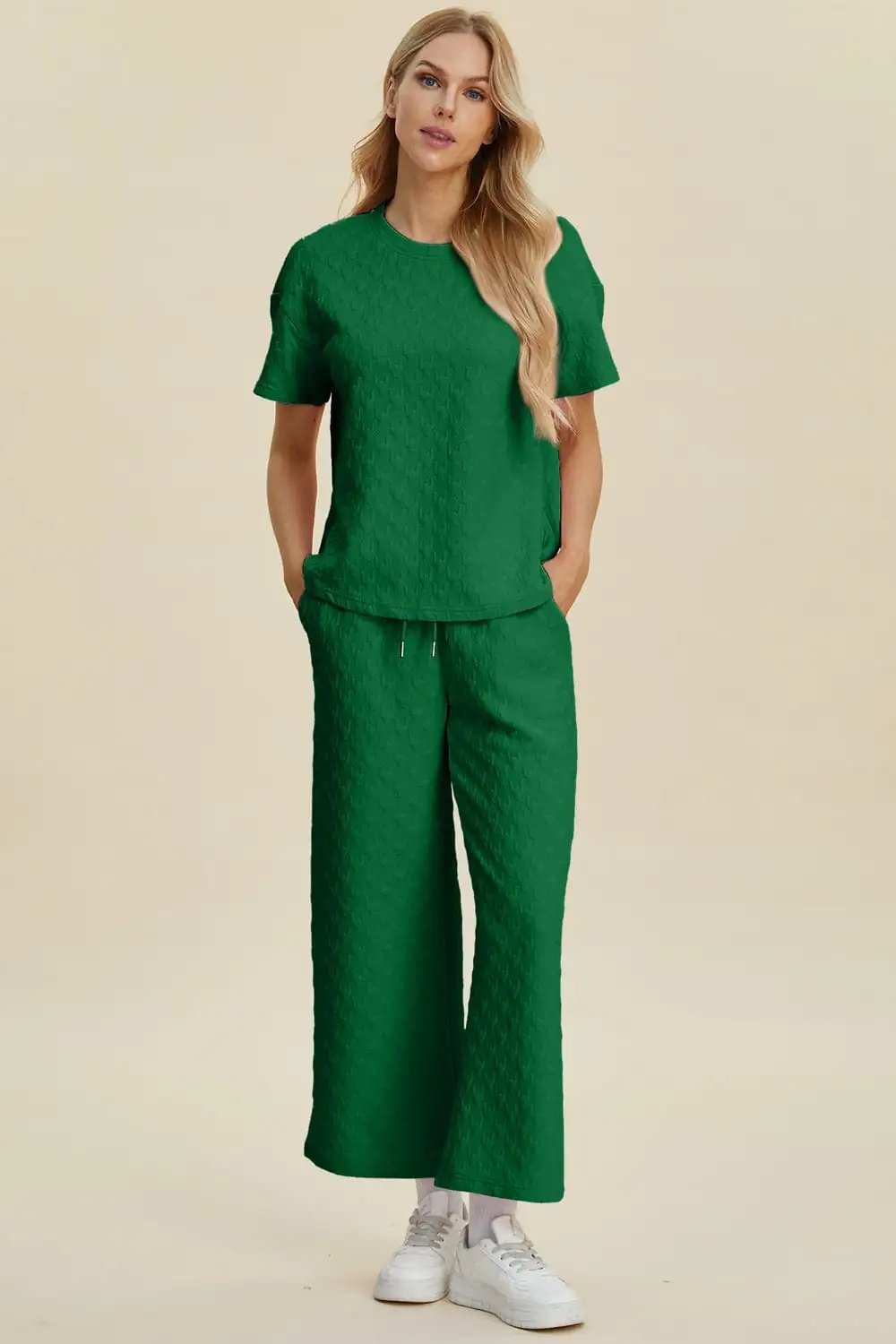 Double Take Full Size Texture Round Neck Short Sleeve Top and Pants Set - Trendsi - Flyclothing LLC