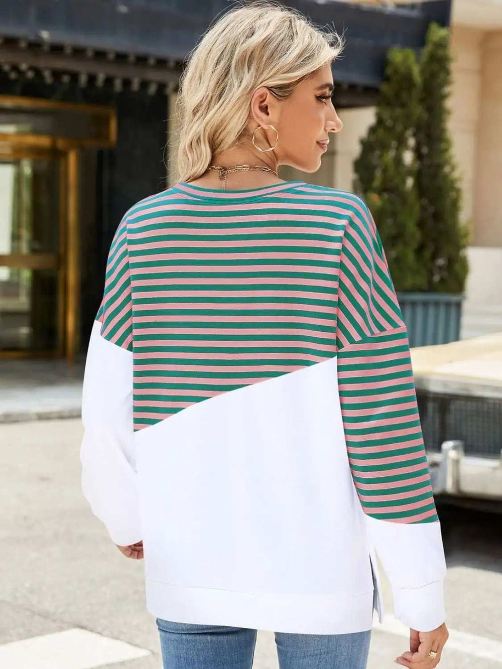 Slit Contrast Striped Long Sleeve Sweatshirt - Trendsi - Flyclothing LLC
