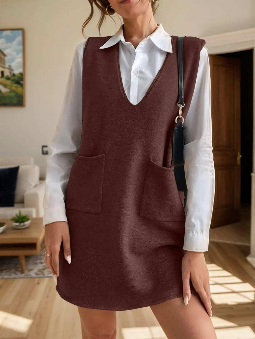 V-Neck Sleeveless Sweater Dress with Pockets - Trendsi - Flyclothing LLC