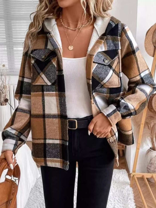 Hooded Plaid Button Up Jacket - Trendsi - Flyclothing LLC