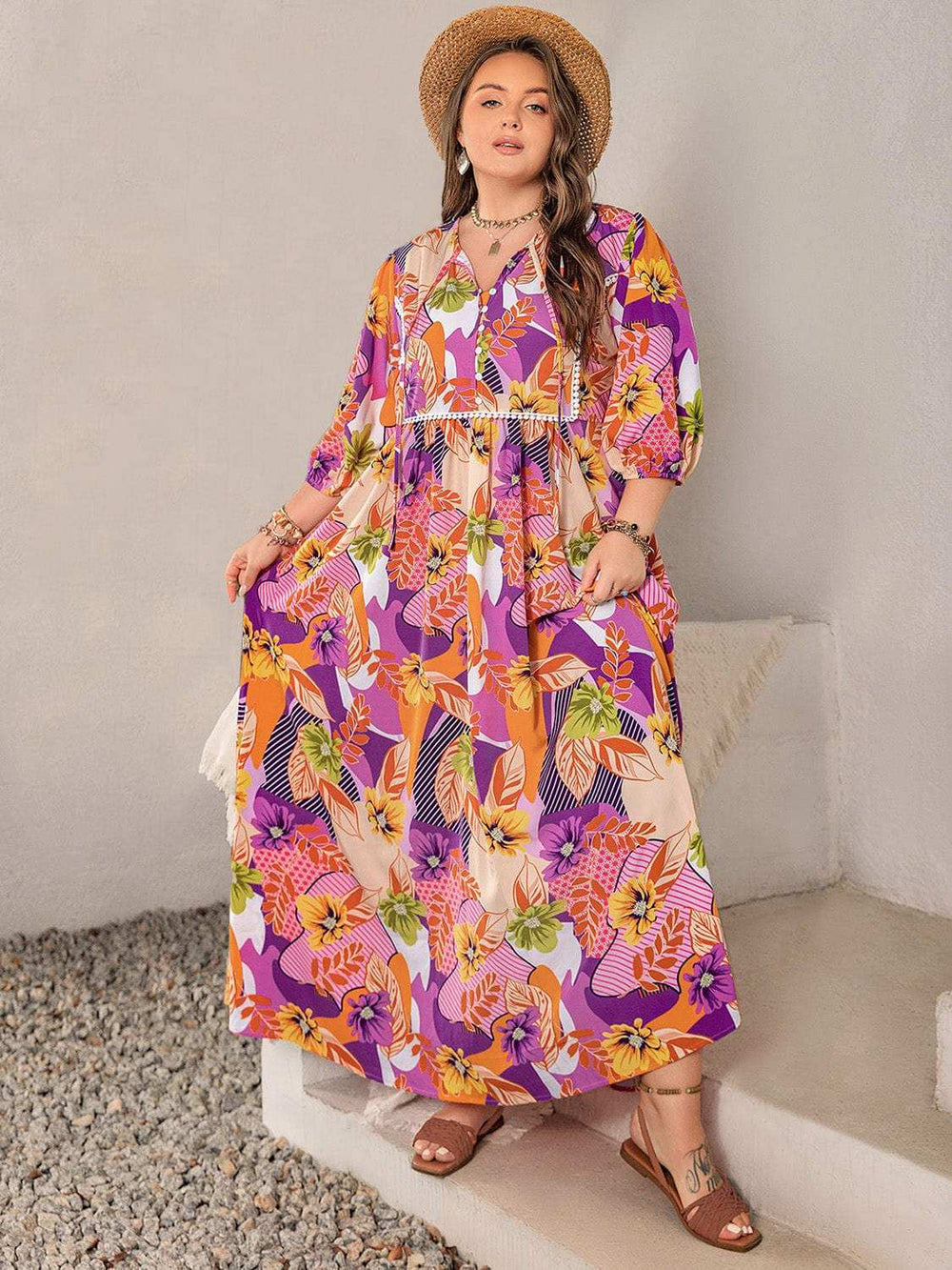Plus Size Printed Tie Neck Maxi Dress - Trendsi - Flyclothing LLC