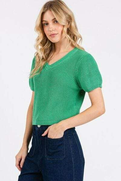 Mittoshop V-Neck Short Sleeve Crop Sweater - Trendsi - Flyclothing LLC