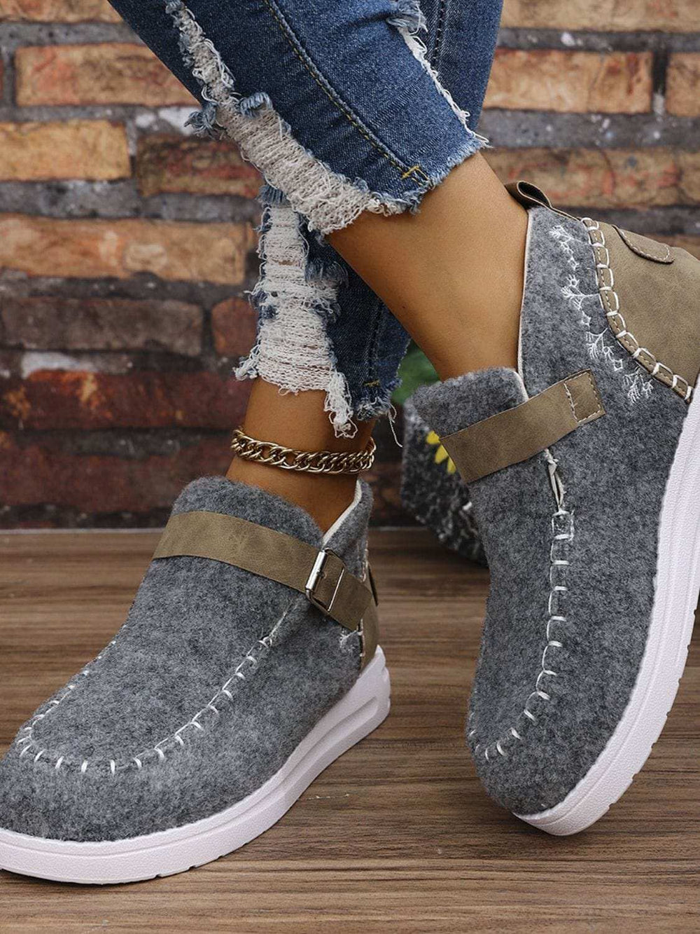 Contrast Round Toe Buckle Sneakers - Trendsi - Flyclothing LLC