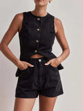 Button Down Vest and Shorts Denim Set - Trendsi - Flyclothing LLC
