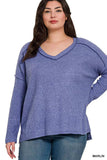 Zenana Full Size Brushed Ribbed Hacci Drop Shoulder V-Neck Sweater Plus Size - Trendsi - Flyclothing LLC