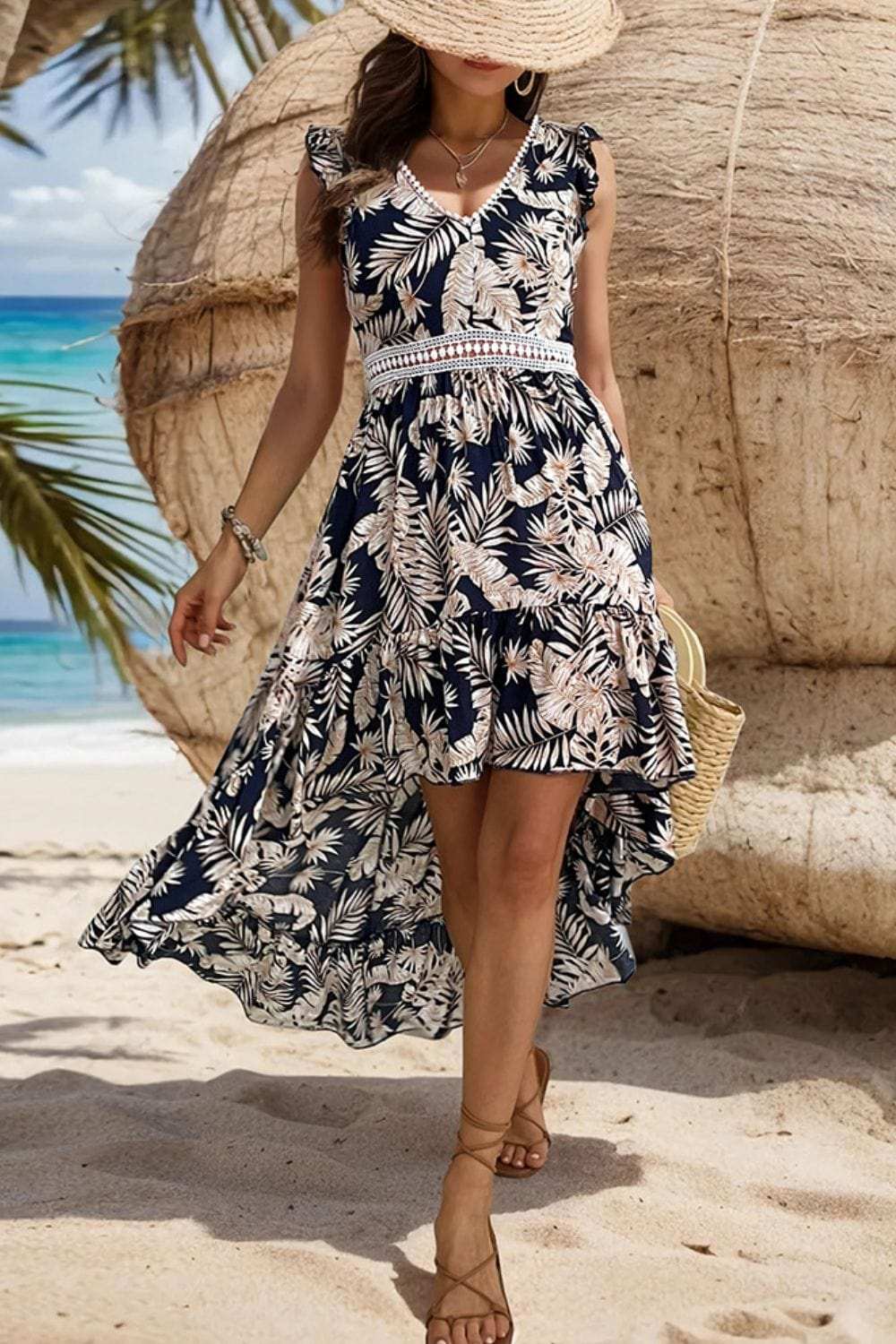 High-Low Printed V-Neck Cap Sleeve Midi Dress - Trendsi - Flyclothing LLC