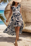 High-Low Printed V-Neck Cap Sleeve Midi Dress - Trendsi - Flyclothing LLC