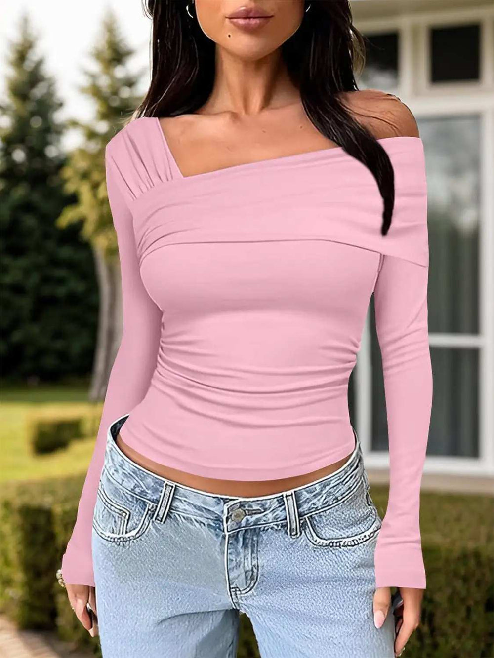 Ruched One Shoulder Long Sleeve T-Shirt - Trendsi - Flyclothing LLC