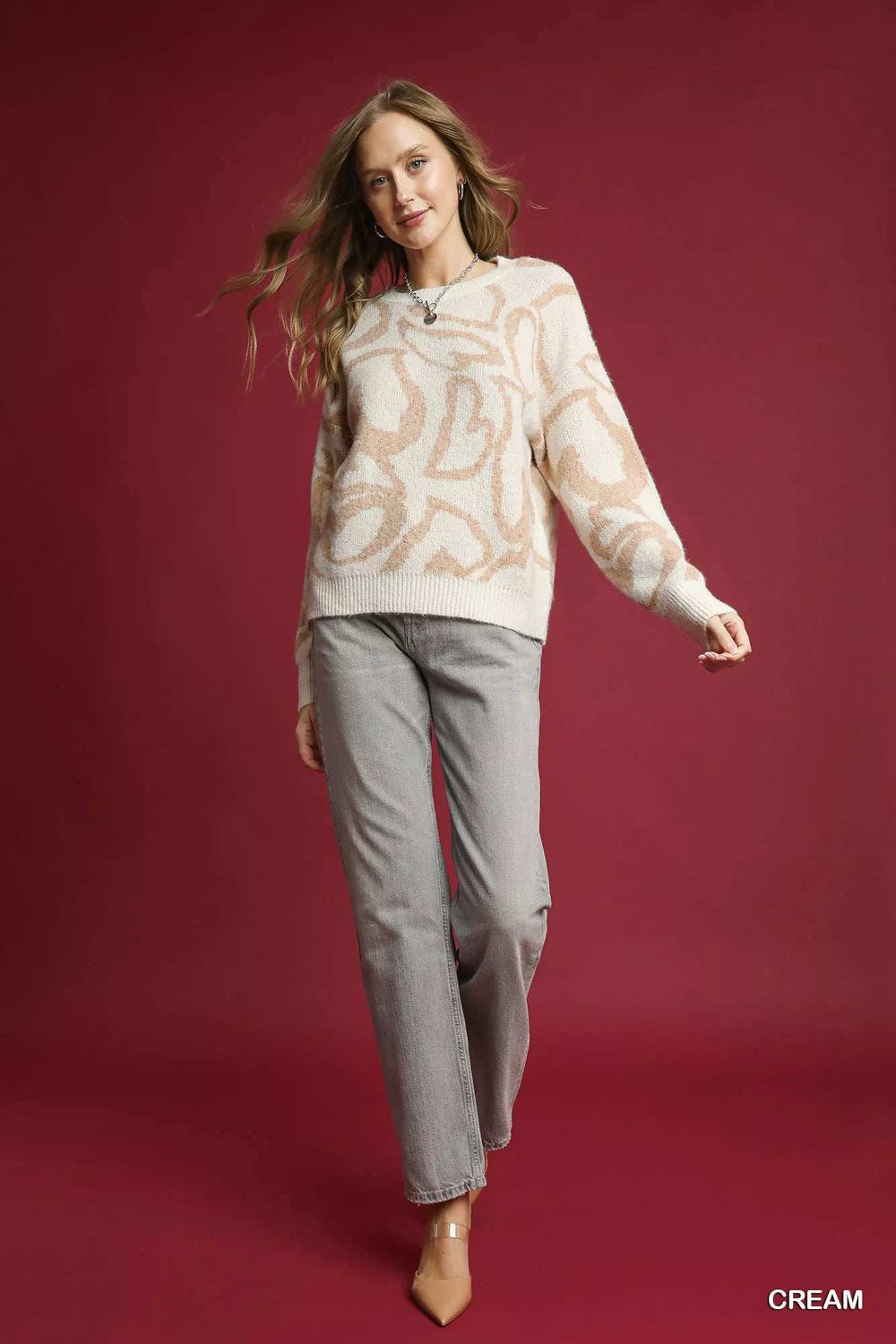 Umgee Heart Print Crew Neck Sweater - Trendsi - Flyclothing LLC