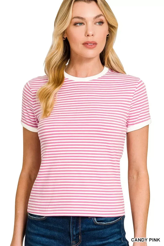 Zenana Striped Contrast Trim Tee - Trendsi - Flyclothing LLC