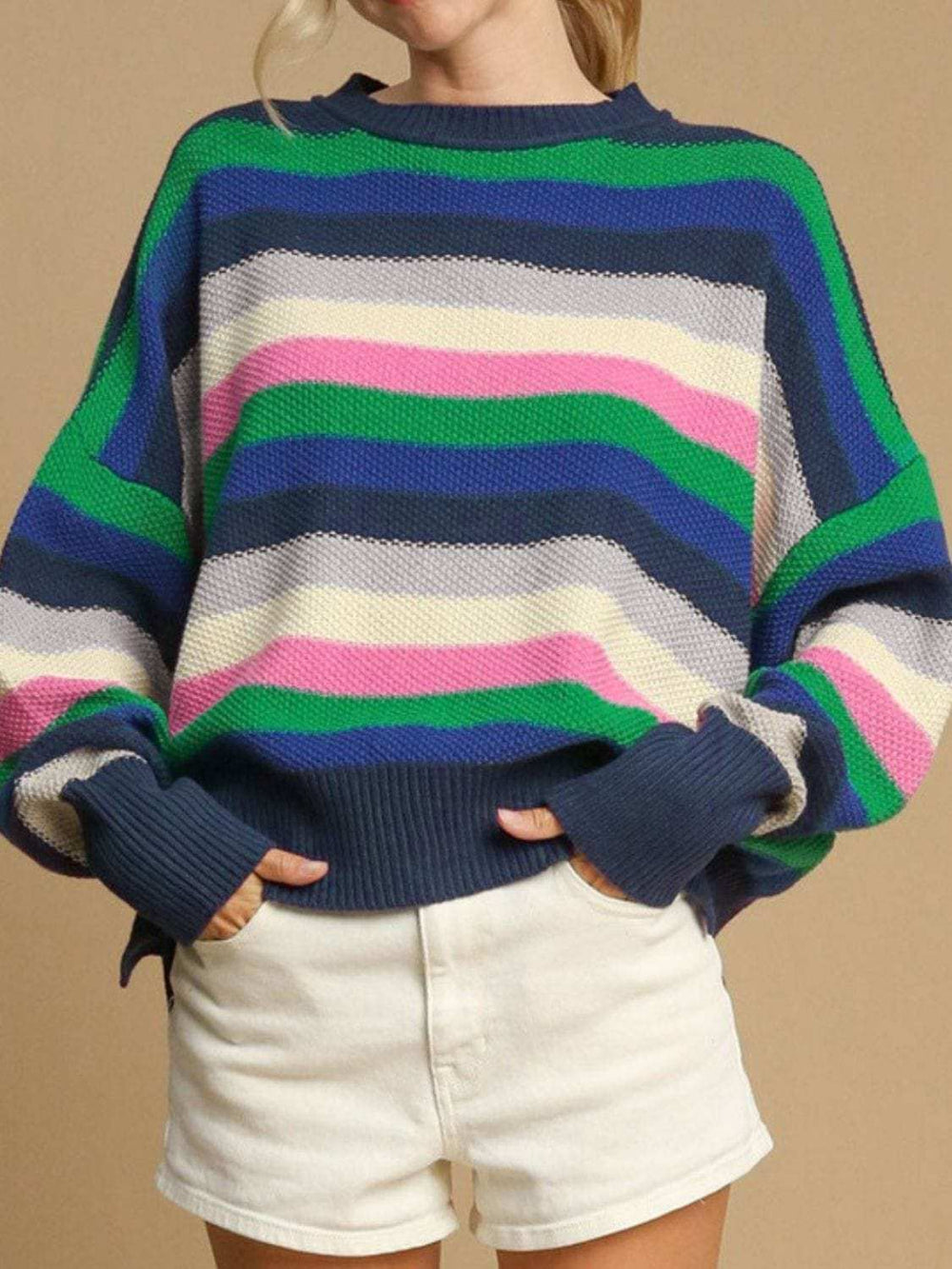 Contrast Striped Round Neck Long Sleeve Sweater - Trendsi - Flyclothing LLC