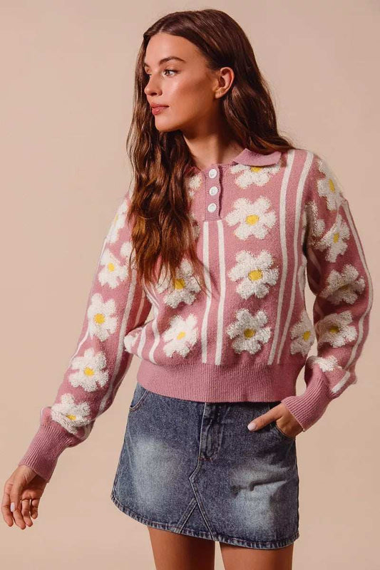 SO ME Floral Stripe Polo Collar Sweater - Trendsi - Flyclothing LLC