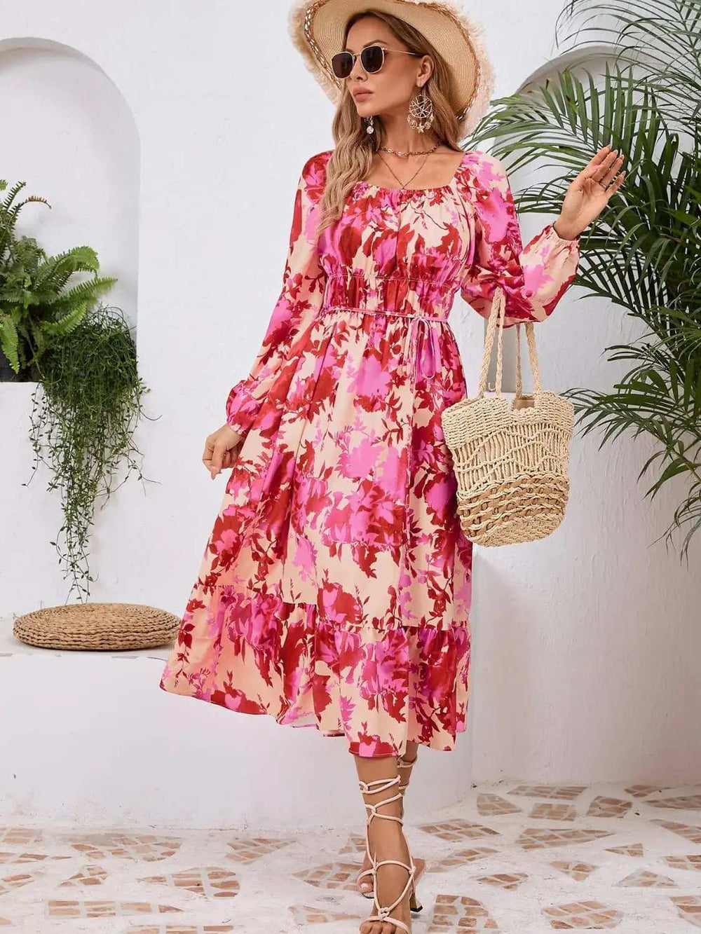 Printed Long Sleeve Midi Dress - Trendsi - Flyclothing LLC