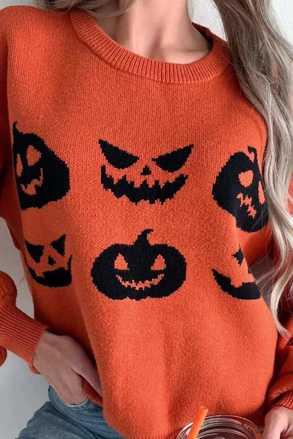 Pumpkin Pattern Round Neck Sweater - Trendsi - Flyclothing LLC